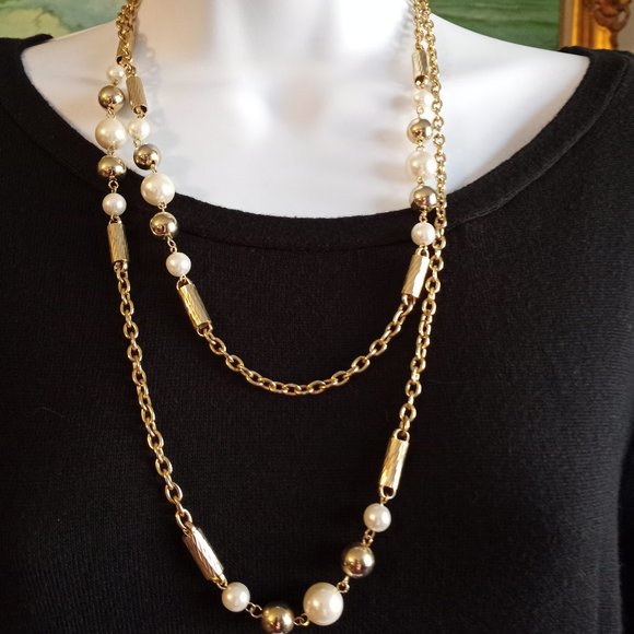 Necklace Shiny, Eye-Catching 48" Beaded Gold Tone White-Item #210 - Picture 2 of 3